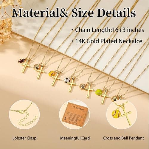 Gnamy Softball Basketball Soccer Football Volleyball Tennis Pickleball Necklace for Teen Girls, Gold/Silver Cross Pendant Sport Accessories Birthday Christmas Christian Jewelry Gifts for Women Stuff 8-12 thumbnail 6
