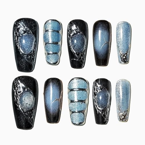 Sun&Beam Nails Handgefertigte Kunstnägel Mittel Lang Sargform Ballerina Nägel zum Aufkleben in Blau Schwarz Verlauf Handgemalt Magnetisches Design mit Klebepads 10 Stück (#138 M) - Image 1