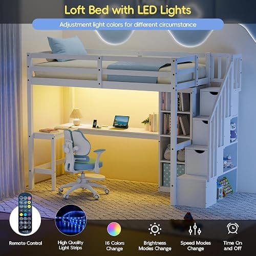 Xilingol Twin Loft Bed with Stairs and Desk, Solid Wooden Loft Bed, Heavy Duty Loft Bed with L-Shape Desk, LED Light Strips, Charging Station, Storage Cabinets, Extra-High Guardrails for Kids, Teens thumbnail 4