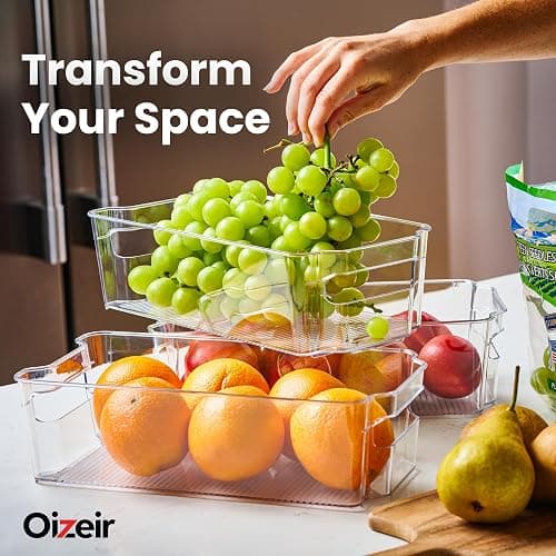 Oizeir 8 Pack Clear Plastic Fridge Organizer Bins – Stackable Refrigerator & Pantry Storage Bins with Handles for Snacks, Freezer, Kitchen Cupboard, and Cabinet Organization thumbnail 6