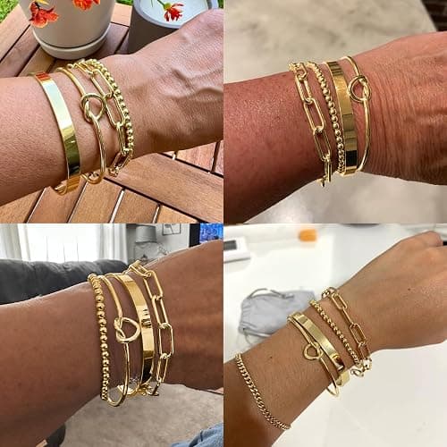 Reoxvo Christmas Stocking Stuffers Gifts for Women-Gold Plated Bangle Cuff Bracelets for Women Non Tarnish Gold Bracelet Stack Jewelry Set for Women Trendy thumbnail 3