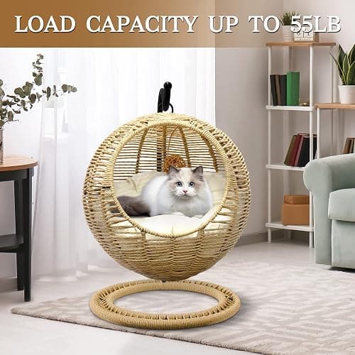 BROWN-BROWN Wicker Cat Bed Indoors & Outdoors, Hand Made Cat Swing Bed with Removable Cushion & Hanging Ball, Washable Pet Swing for Cat, Small Dog, Small Animals thumbnail 2