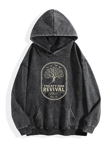 Made in US Treaty Oak Revival Hoodie Men - Acid Wash Distressed Pullover - Vintage Graphic Oversized Streetwear Essential - Image 1