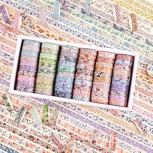 icceemee 60 Rolls Flowers Theme Washi Tape Set with Different Colorful Patterns, Writable Decorative Tapes for Scrapbooking, Junk Journal Supplies, Bullet Journaling, 0.39'' x 79'' per Roll thumbnail 2