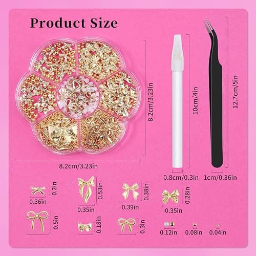 3D Metal Alloy Nail Bows Kit - Silver & Gold Bowknot Charms with 1-3mm Mini Caviar Beads, Tweezers, Pickup Pencil, Cute Nail Charms and Gems Jewelry in Petal-shaped Box (Gold-kit-1) thumbnail 4