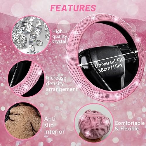 NBTEPEM 27-Piece Bling Car Accessories Set - Universal Fit Steering Wheel Covers, License Plate Frames, Phone Holder, Car Fast Charger, Coasters (Pink) thumbnail 3