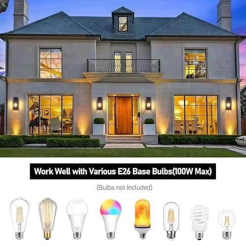 Outdoor Wall Light Fixtures, Exterior Waterproof Wall Lanterns, Porch Sconces Lighting with E26 Sockets & Glass Shades, Modern Matte Black Outside Lights for Patio Front Door Entryway Garage, 2-Pack thumbnail 4
