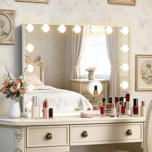 Ratsamee Hollywood Vanity Mirror with Lights, 23" x 18", 15 Dimmable Bulbs, 3 Color Lights, Make Up Lighted Mirror, USB Charging Port, Gifts for Women Wife Teengirls White - Image 1