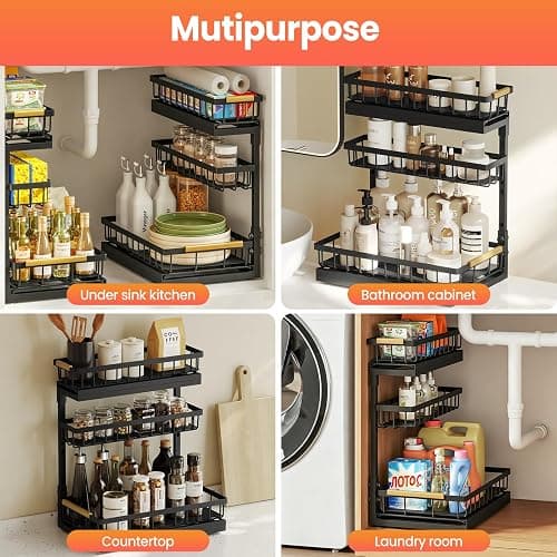 Under Sink Organizer and Storage for Bathroom and Kitchen - 2 Pack 3 Tier | Under Cabinet Pull Out Shelf Organizers - Slide Out Drawer Organization for Home Cabinets Shelves and Drawers thumbnail 7