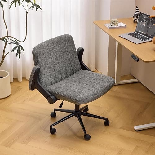 VINGLI Criss Cross Chair with Adjustable Flip-Up Arms,Cross Legged Chair with Wheels, Extra Wide Office Chair,Cozy Desk Chair for Home Office, Vanity, Apartment,Chenille Velvet,Grey thumbnail 3