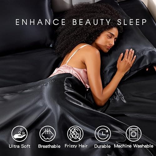 FreshCulture Satin Sheets Twin XL Bed Set - 3 Piece Luxury Soft Silky Bed Sheets, Similar to Silk Sheet Set with 1 Deep Pocket Fitted Sheet, 1 Flat Sheet & 1 Pillowcase (Black) thumbnail 7