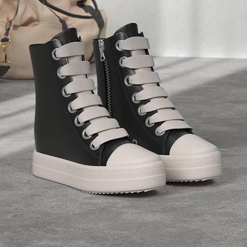 MOFEEDOUKA Womens High Top Sneakers Thick Shoe Laces PU Leather Comfort Platform Walking Shoes with Zipper thumbnail 3