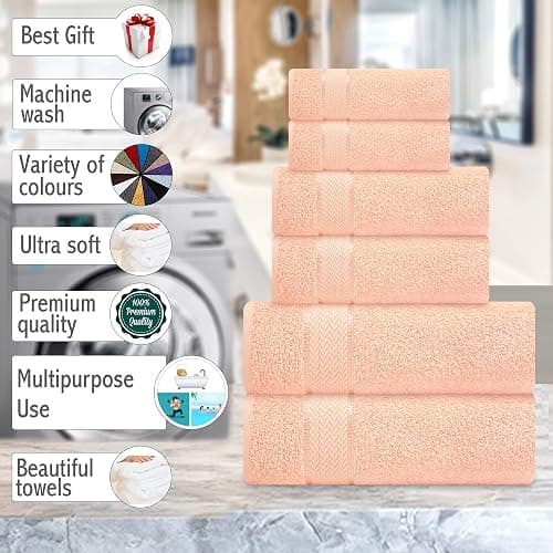 CRAFTBERRY Bath Towels Set-100% Cotton-2 Towels, 2 Hand & Washcloths-Large, Quick Dry, Absorbent, Soft Plush-Home, Gym, Spa, Hotel, Pool, Shower -6 Piece Luxury Bathroom - Peach thumbnail 8