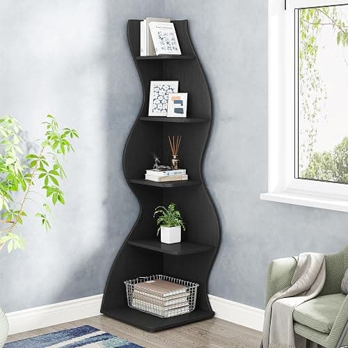 Tribesigns Corner Shelf, Modern 5-Tier Wall Corner Bookshelf, Stylish Corner Small Bookcase Storage Rack Plant Stand with Unique Shape for Living Room, Home Office, (1PC, Black) thumbnail 2