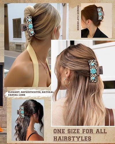 ACECHA Western Hair Claw Clips for Women, Turquoise Stone - Leopard Print Leather Hair Clips, Large Cowgirl Hair Accessories Rodeo Style Fashion Hairclips Gift (Coffee 02) thumbnail 6