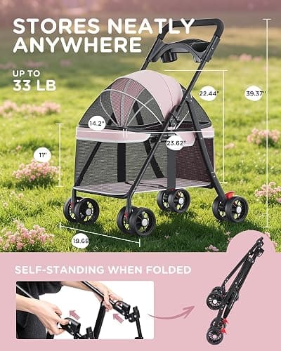 GTPLAYER Foldable Pet Stroller for Small Dogs and Cats, Holds Up to 33 lb, 4 Wheel, Full Mesh Ultra Breathable, Safety Tethers, Cup Holder & Poop Bags Included, Pink thumbnail 2
