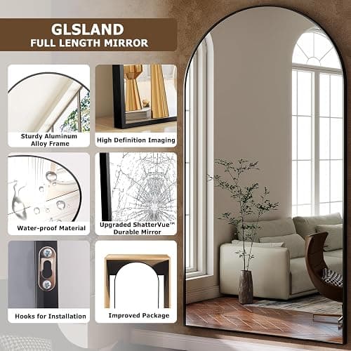 GLSLAND-34x76 inch Wall Mount Arched Full Length Mirror-Aluminum Alloy Frame High Definition-Full Body Mirror for Bedroom or Living Room,Black thumbnail 6