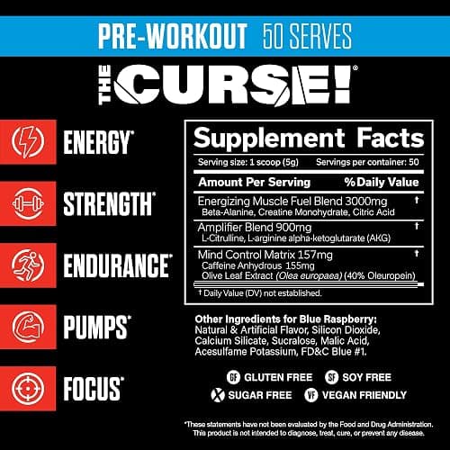 JNX SPORTS The Curse! Pre Workout Powder for Men & Women, Caffeine, Beta-Alanine, Creatine, L-Citrulline, 50 Servings, Blue Raspberry Flavor – Boost Energy, Strength & Focus - Blue Raspberry - 50 Servings (Pack of 1) thumbnail 2