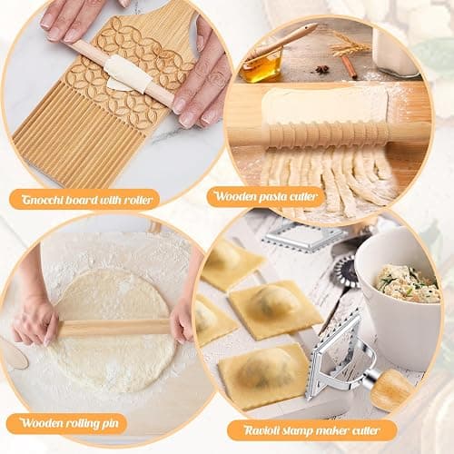 Tioncy 7 Pcs Pasta Making Tool Set Wood Gnocchi Board with Ravioli Stamp Ravioli Maker and Rolling Pin Homemade Gnocco Maker Kitchen Gift for Christmas Baking Lovers(Pattern Gnocchi Board Set) thumbnail 5