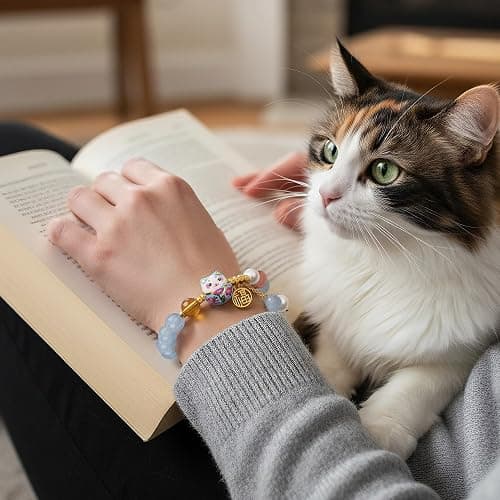 Sereney Lucky Bracelets for Women as Healing Crystal Protection Bracelets, Cat Aquamarine Bracelet for Girls as Cat Gifts, Red Agate Bead Bracelet for Protection as Feng Shui Gifts thumbnail 5