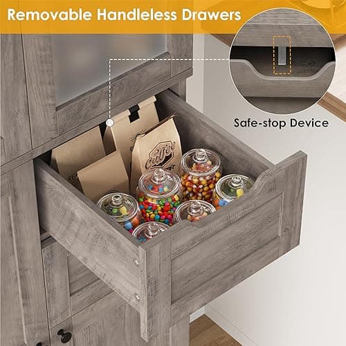 BOTLOG 67'' Tall Bathroom Storage Cabinet, Linen Cabinet with Glass Doors and Adjustable Shelves, Kitchen Pantry with 2 Drawers for Bathroom, Living Room, Dining Room, Rustic Grey thumbnail 7
