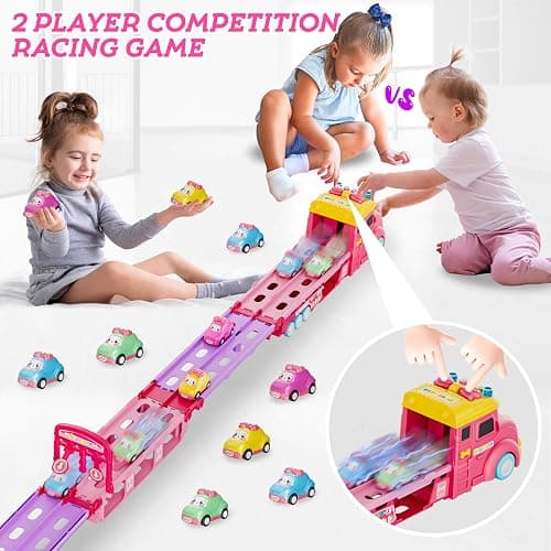 Funwee Car Toys for Age 2 3 4 5 6 7 Year Girl Toddler, Foldable Track & 2 Player Race Mode Game, Light & Sound Push Transport Carrier Truck W/ 6 Princess Car, Birthday Gift Idea for Kid thumbnail 5