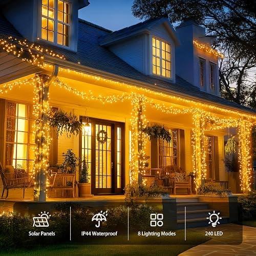 Brightown Solar Christmas Lights Outdoor, 19.6Ft 240 LED String Lights for Outside with 8 Modes, Solar Cluster Twinkle Lights Waterproof for Yard Fence Balcony Party Xmas Tree Decorations, Warm White thumbnail 8