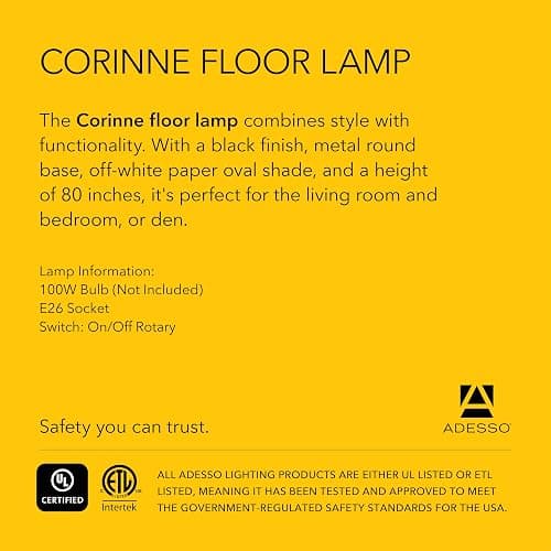 Adesso Floor Lamp, Black & Off-White Paper, Overhead Light, 80” | Corinne 100W Arc Floor Lamp with Oval Shade and Rotary Switch for Living Room, Nursery, Bedroom, or Office Lighting thumbnail 7