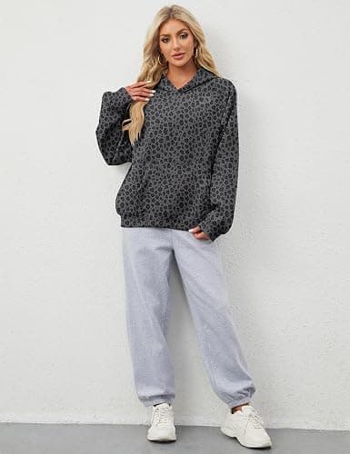 Lauweion Women Solid Basic Fleece Letter Loose Hoodie Sweatshirt Long Sleeve Kangaroo Pocket Drop Shoulder Pullovers Top thumbnail 3