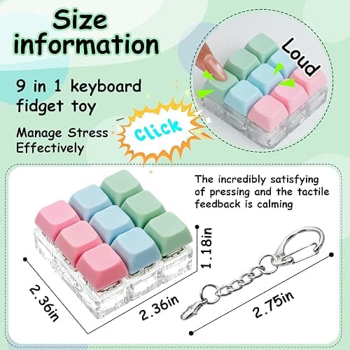 Keyboard Fidget Toy, Keyboard Fidget Keychain 9-in-1 Keyboard Decompression Button Finger Clicker Toys Stress Relief Fidget Gifts (3 Colors- Pink Blue Green) thumbnail 3