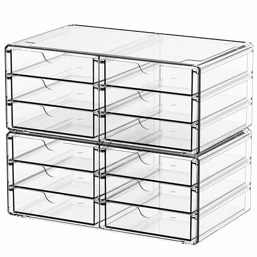 Yieach 2 Pack Acrylic Storage Drawers With 12 Small Drawer,Stackable Office Cabinet Organizer and Makeup Organizer,Clear Plastic Drawers for Craft Supply,Pen,Stationary,Accessory,Makeup,Desk Organizer - Image 1