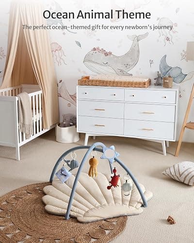 Blissful Diary Shell Baby Play Gym Mat, Softer & Enlarged Tummy Time Mat w 6 Detachable Toys for Sensory & Motor Skill Development, Activity Mat for Newborn Essentials Shower Gift, Boho Ocean Theme thumbnail 5