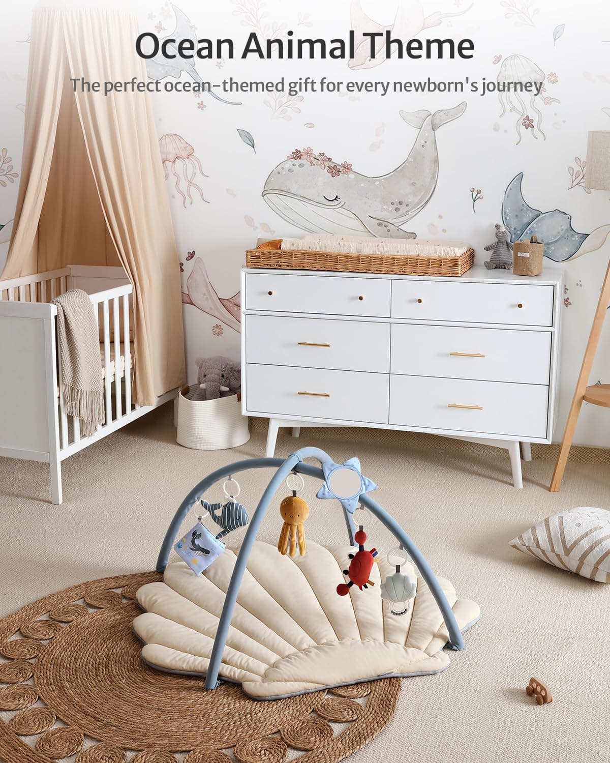 Blissful Diary Shell Baby Play Gym Mat, Softer & Enlarged Tummy Time Mat w 6 Detachable Toys for Sensory & Motor Skill Development, Activity Mat for Newborn Essentials Shower Gift, Boho Ocean Theme thumbnail 4