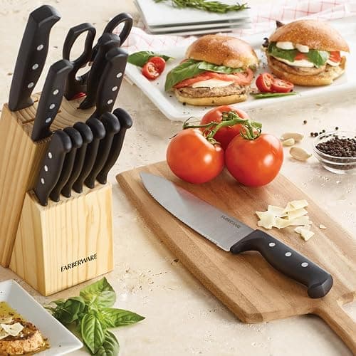 Farberware Knife Block Set 22-Piece Kitchen Knife Set with High-Carbon Stainless Steel Blades, Non-Slip Handles, Chef Knife, Santoku, Steak Knives, Scissors, Sharpening Steel, and Storage Block thumbnail 8