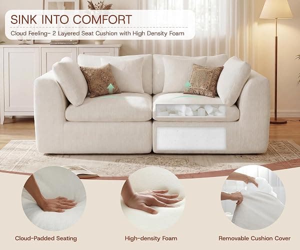 GRUSIGN 79'' Oversized Boneless Cloud Loveseat for Living Room, Modern Big Sectional Compressed 2 Seater Couch with 2 Throw Pillows, Comfy Chenille Deep Seat Foam Spineless 2 Person Couch, Beige thumbnail 5