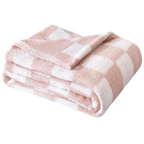 SeaRoomy Checkered Throw Blanket, Ultra Soft Microfiber Knit Throw Blanket, Cozy Fluffy Fuzzy Reversible Checkerboard Pink Blanket for Couch Sofa Bed Decor(Light Pink, 51"63") thumbnail 2