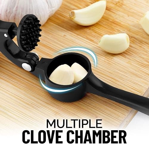 Zulay Kitchen Premium Garlic Press Set - Rust Proof Professional Garlic Mincer Tool - Easy-Squeeze, Easy-Clean with Soft, Ergonomic Handle - Silicone Garlic Peeler & Brush (Black) thumbnail 4