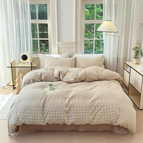 LifeTB Queen Comforter Set Tan Gingham Comforter Modern Style Beige Plaid Comforter Set 3 Pieces Fluffy Grid Checkered Comforter with 2 Pillowcases Boho Gingham Bedding Set Queen Size thumbnail 3