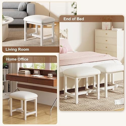 WBKATN White Vanity Stool, Small Vanity Chair, Cute Makeup Bench Seat with Leather Cushioned, Desk Stools for Bedroom, Bathroom, Entryway, Living Room, Office thumbnail 7