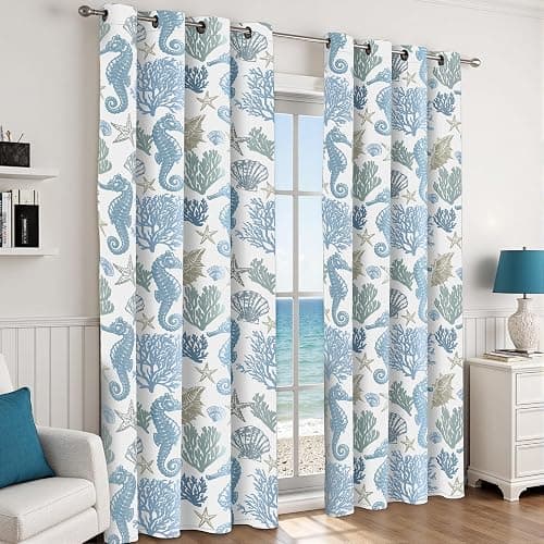 weesire Nautical Coastal Curtains Decorative Beach Ocean Seahorse Coral 50% Light Blocking Sea Darkening Grommet Curtain for Villa Living Room, Bedroom Navy Blue and White 2 Panels Set, 52x84 Inches thumbnail 4