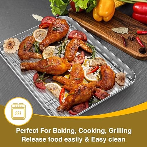 Wildone Baking Sheet with Rack Set (3 Pans + 3 Racks), Stainless Steel Baking Pan Cookie Sheet with Cooling Rack, Non Toxic & Heavy Duty & Easy Clean thumbnail 6