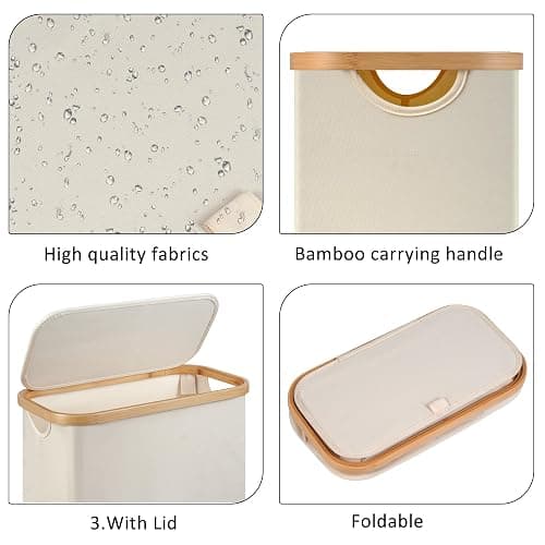 Merkisa Slim Laundry Hamper,Narrow laundry Hamper with Lid,60L Hamper for Laundry,Dirty Cloth Hamper with Bamboo Handle for Toys,Towels, Clothes Organizing,Beige thumbnail 4