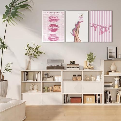 3Pcs Trendy Coquette Wall Art Pink Lips Bikini & Bow Heels Wall Decor Pictures Vintage Martini Newspapaer Canvas Posters Prints for Y2K Girly Room Dorm Apartment Preppy Aesthetic Decor 16x24in thumbnail 4