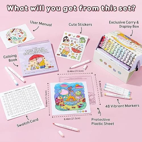 Ohuhu × Coco Wyo Coloring Set 48 Alcohol Markers& Coloring Book Brush& Fine | Co-branded Coloring Kit, 48-color Dual Tips Honolulu B, for Adults Beginners Artists Cozy Coloring, Great Gift Idea thumbnail 7