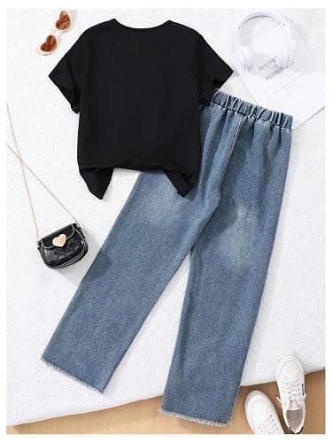 Verdusa Cute Outfits for Girls 10-12 Graphic Tees and Straight Leg Jeans Set with Bows Tween Girls Trendy Clothes thumbnail 2