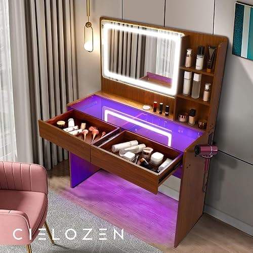 Cielozen Vanity Desk，Transparent Desktop, Multiple Color Ambient Lights, with Mirror and Tri Color Light Strip, Dressing Table with Charging Station, Equipped with 2 Drawers, Peach Colored thumbnail 7