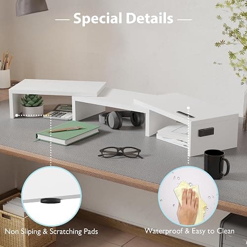 BONTEC Dual Monitor Stand Riser with Smartphone Holder, Adjustable Length & Swivel Angle, Ergonomic Wooden Desktop Organizer for PC Monitor, Laptop, Printer, Large Storage, White thumbnail 7