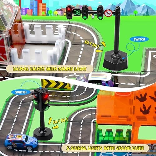 Magnetic Tiles Road Set with Pullback Car & Magnet Ship,Traffic Themed Magnetic Building Tiles Set with Traffic Light,STEM Magnet Tile for Kids Ages 3-5 4-8 5-7,Preschool Educational Kids Toys Gifts thumbnail 3