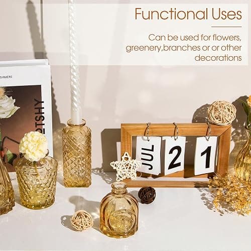 Gold Amber Glass Bud Vases Set of 12, Small Vases for Flowers | Mini Vintage Vases, Bud Vase in Bulk, For Wedding Decor, Single Flowers, Office and Home Table Flower Décor thumbnail 6