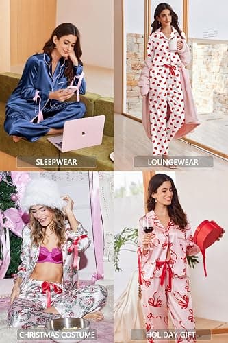 Ekouaer Women Classic Button Down Long Satin Pajamas Set,Bow Tie Silky Cute Pjs Sets Fancy Loungewear thumbnail 5